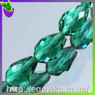 Купить Бусина стеклянная граненная, капля, цвет зеленый морской, 11х8 мм