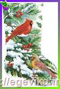 Заготовка новогодний сапожок для подарков, вышивка бисером, габардин/атлас, "Красный кардинал на ветвях падубы"